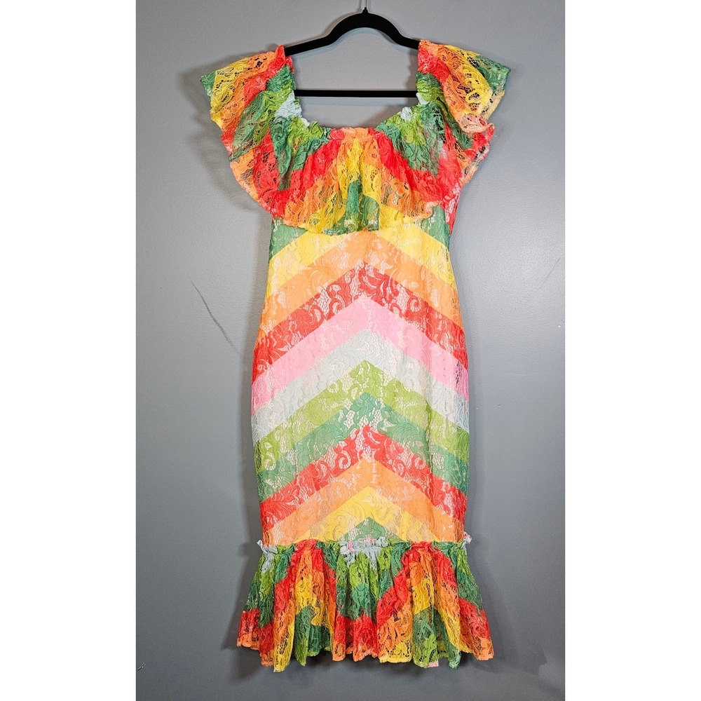 NWT L'ATISTE by Amy Rainbow Lace Off Shoulder Ruffle Midi Dress Multi Color M